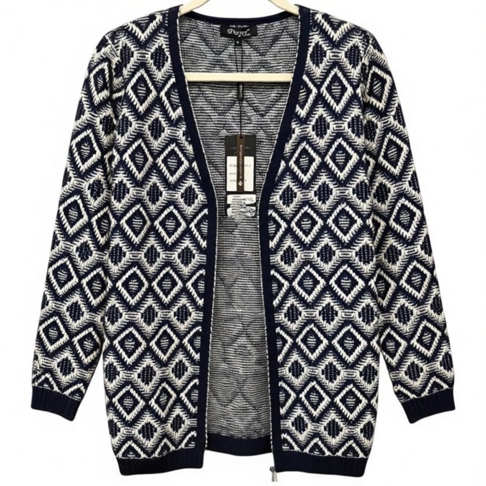Papa Vancouver Navy and White Geometric‎ Women's Knit Cardigan